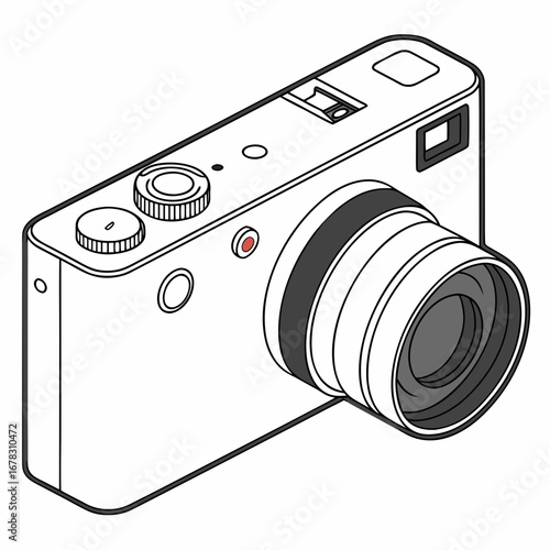 Modern digital camera with a zoom lens and recording indicator light in a clean line art illustration