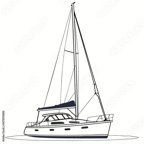 Modern sailing yacht with full sails and cabin outline illustration on a white background