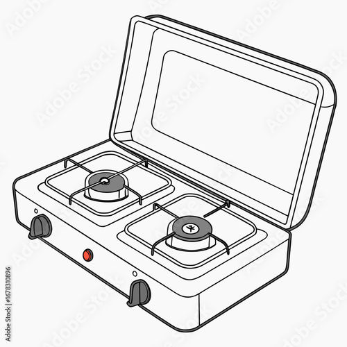 Portable two burner gas camping stove with lid open and white background illustration