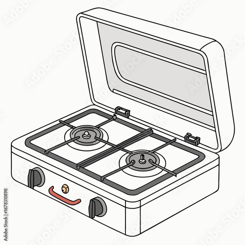 Portable two burner gas camping stove with lid open and control knobs isolated on white background