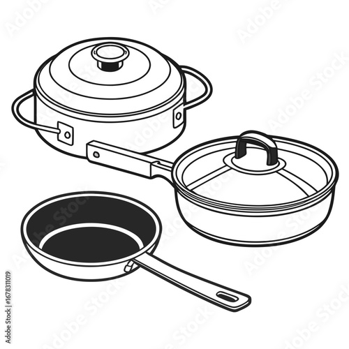 Set of three kitchen cooking pots and pans with lids and handles isolated on white background in line art style