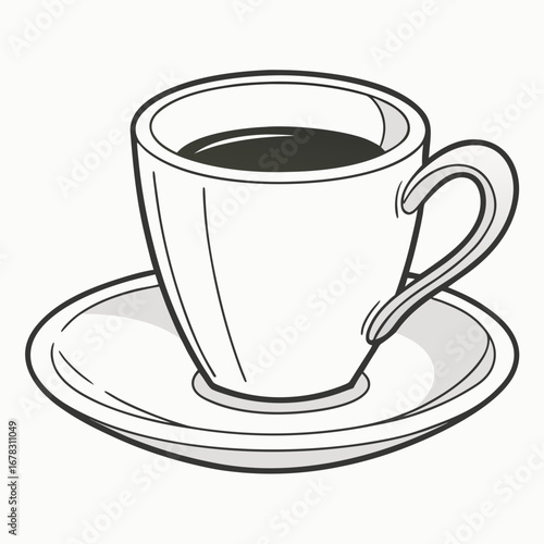 Simple black and white illustration of a classic white coffee cup filled with dark coffee on a matching saucer