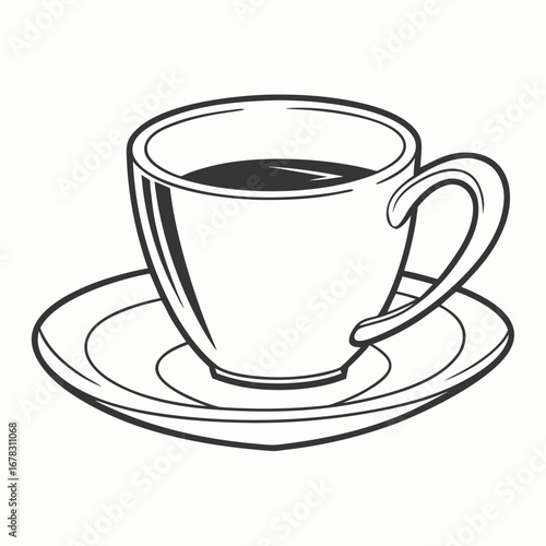 Simple black and white line art illustration of a coffee cup and saucer filled with dark liquid