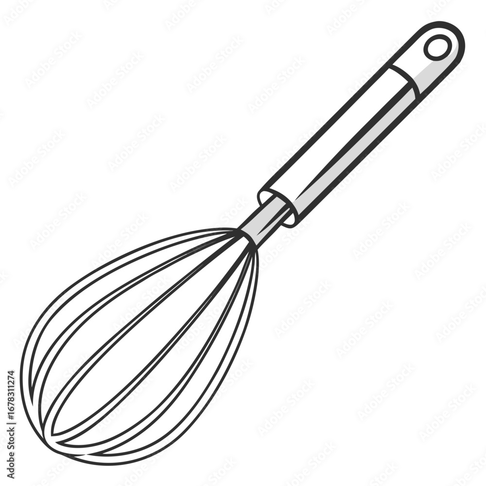 Fototapeta premium Simple line art illustration of a kitchen whisk with a gray handle and metal loops on a white background