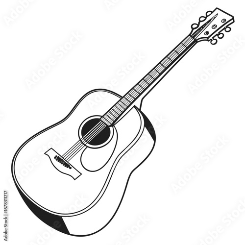 Simple black and white outline illustration of an acoustic guitar with six strings and a pickguard