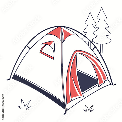 Simple illustration of a red and white camping tent pitched in a grassy area with pine trees