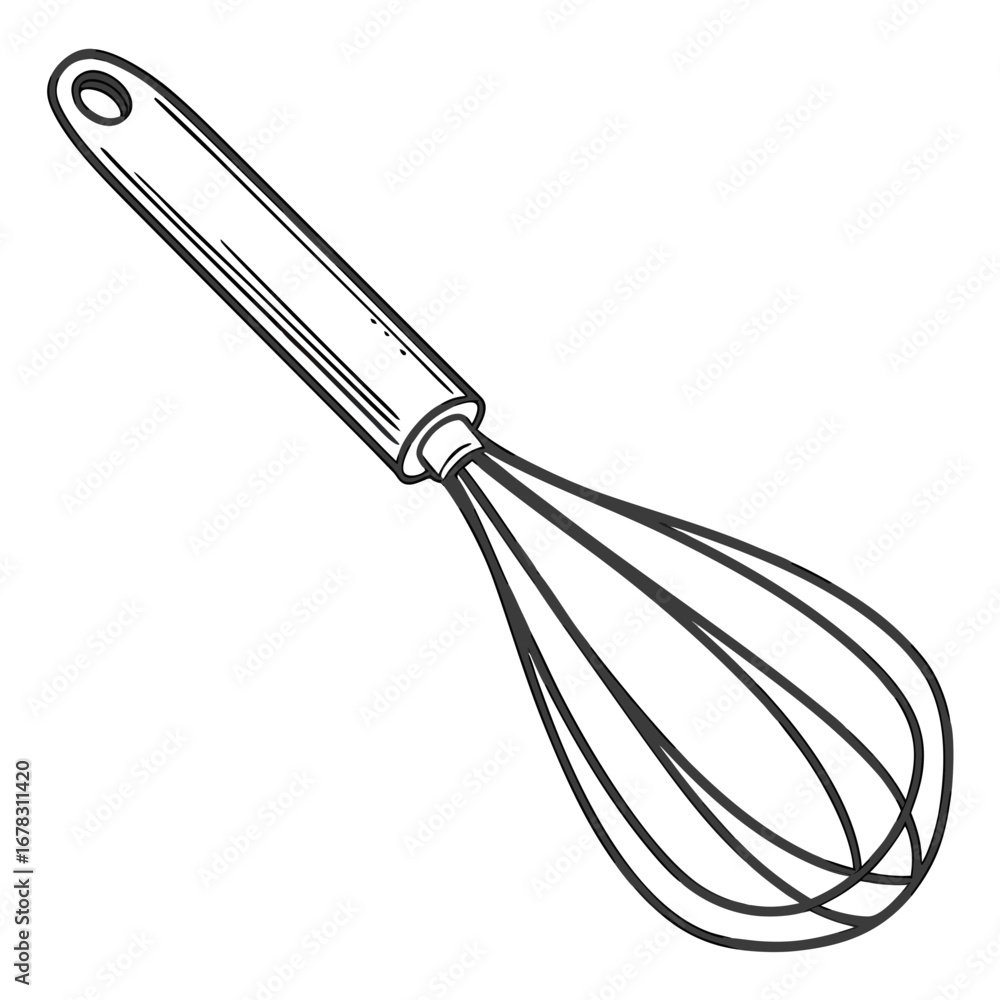 Fototapeta premium Simple line drawing of a kitchen whisk with a handle and wire loops on a white background
