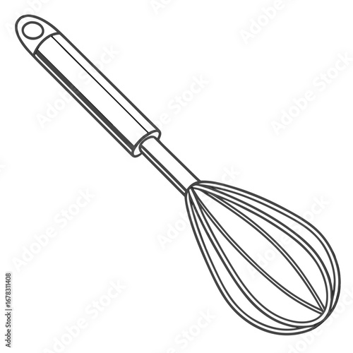 Simple line drawing of a kitchen whisk with a handle and looped end on a white background