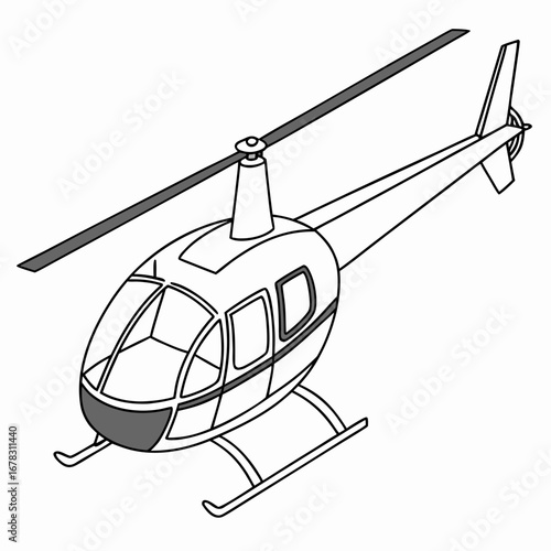 Simple line drawing of a modern helicopter with skids and rotor blades isolated on white
