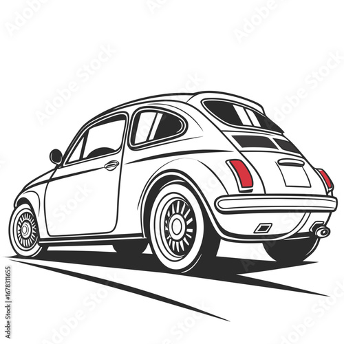 Stylized illustration of a classic vintage compact car viewed from the rear three quarter angle