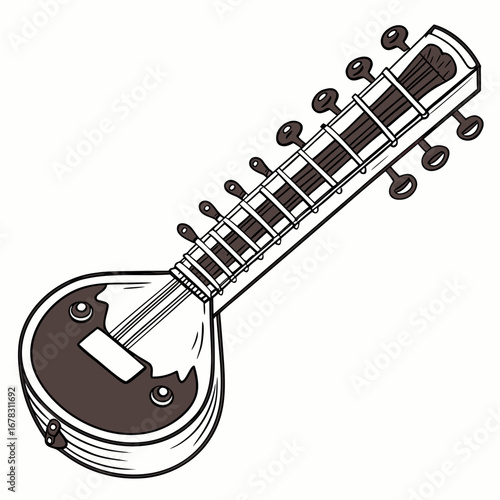 Stylized illustration of a traditional indian sitar musical instrument with strings and tuning pegs on a white background