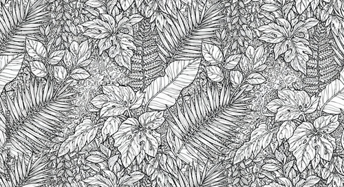 Black and white sketch of dense tropical foliage with various leaf shapes and textures