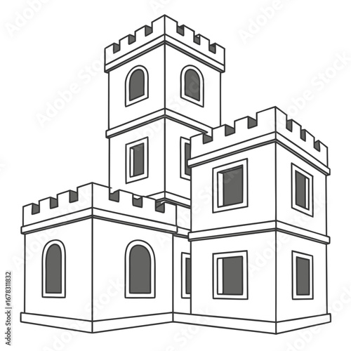Stylized line art illustration of a multi story castle with battlements and arched windows on a white background