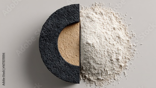 Divided circle, dark-edged, light-colored interior, piled white powder