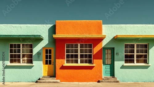 Colorful motel row under a clear sky