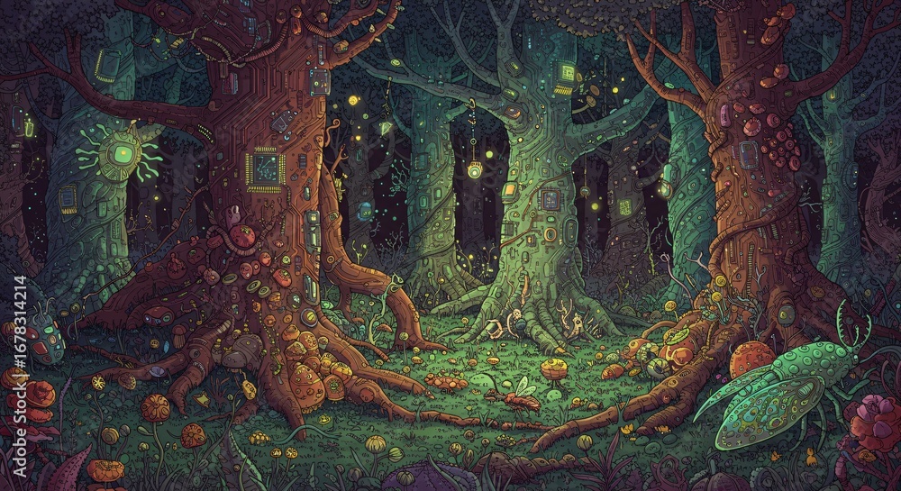Obraz premium an illustration of a forest filled with mushrooms