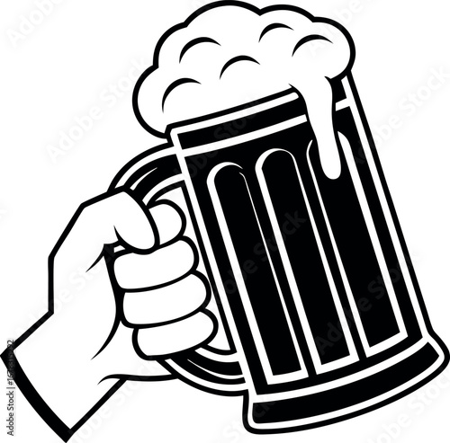 A monochrome illustration depicts a stylized human hand holding a beer mug aloft, transparent