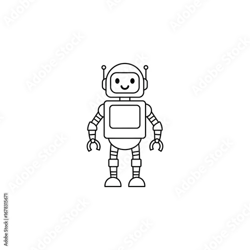 Friendly cartoon robot, simple line art design, cheerful expression.
