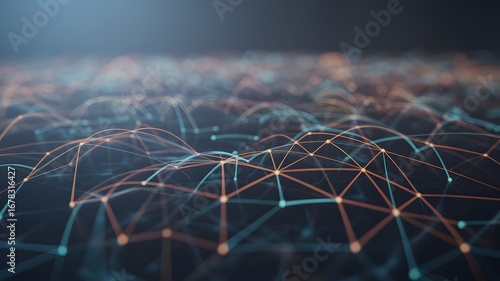 A vibrant network of interconnected nodes glowing with orange and teal hues against a dark background