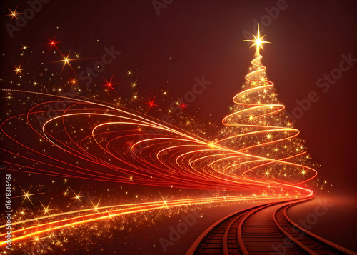Illuminated Christmas Tree Made of Light Trails on Train Tracks with Sparkles holiday festive