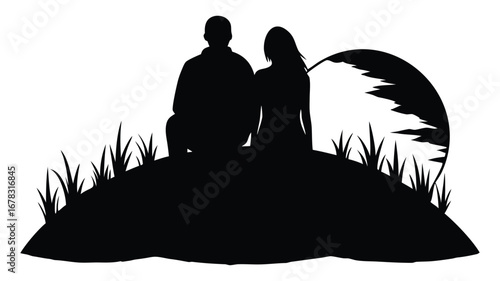Silhouette of couple sitting on hill with tall grass watching sunset