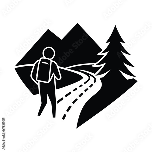 Hiker with backpack on a mountain trail next to a tree