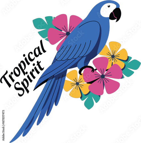 Blue macaw parrot with tropical flowers and text Tropical Spirit on white background bird exotic