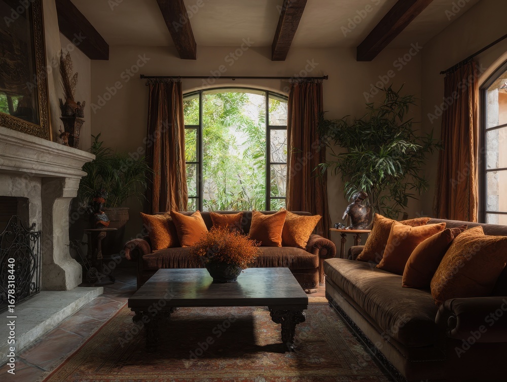 Fototapeta premium A sun-drenched living room with rich, warm tones, showcasing a comfortable, antique-style sofa and armchairs accented with burnt orange velvet pillows.