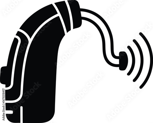 Black silhouette of a hearing aid device with sound waves emanating from the receiver.