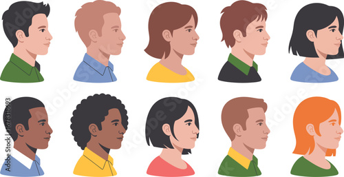 Diverse Group of People in Profile with Varied Hairstyles and Colors Depicting Multicultural Representation and Individuality Set Against a Clean White Background