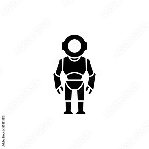 Black silhouette of a futuristic robot or an astronaut in a protective suit standing upright.