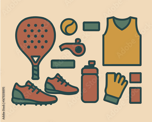 Illustration of sports equipment including a paddle, ball, shoes, water bottle, whistle, wristbands, shirt, and gloves.