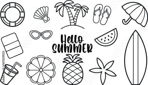 Black outline doodles showing the summer beach vacation essentials on transparent background