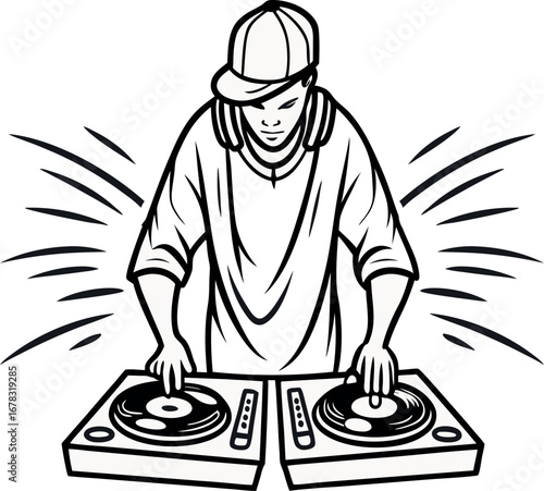 Energetic DJ with Headphones Plays Music Using Two Turntables in Black and White