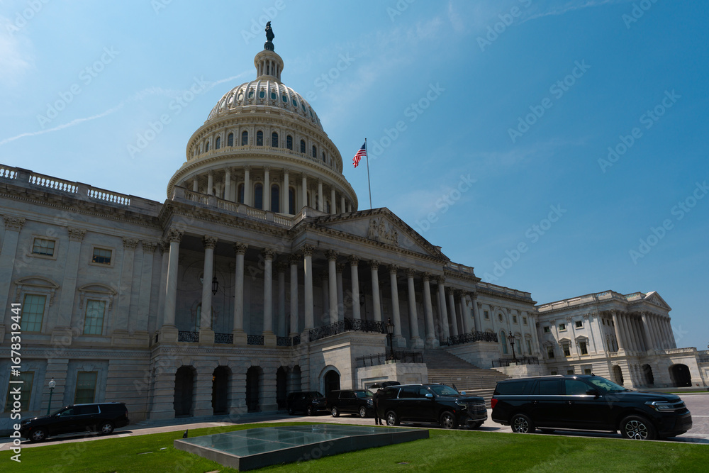 Obraz premium Congress building. American flag over Congress. United States government Congress landmark. Senate and Congress in Washington DC.