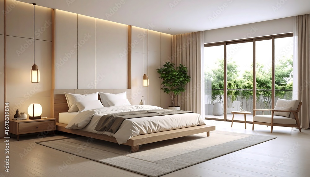 Fototapeta premium Modern minimalist bedroom with large windows