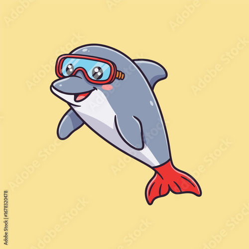 Smiling gray dolphin with red swim fins and blue goggles shows its pink tongue playfully, set against a light yellow background—radiating charm and aquatic fun.