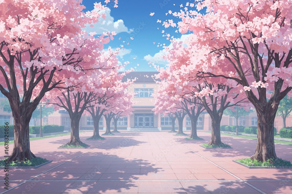 Naklejka premium Spring School Cherry Blossoms Anime Background
