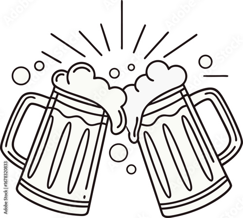 Two frothy mugs of beer cheerfully toast in a hand drawn line art style