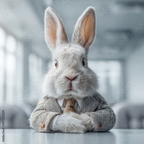 Dapper rabbit in business attire artistic close-up in office setting