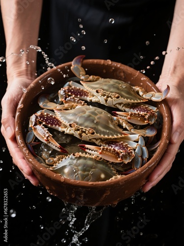 Fresh blue crabs in a wooden bowl held by hands, with water splashing around