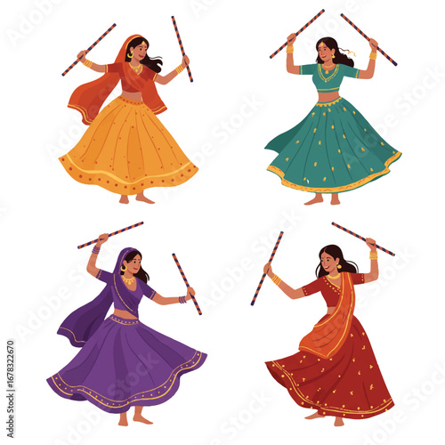 Joyful women in vibrant traditional attire dance gracefully with dandiya sticks, celebrating Sharad Navratri in a 2D flat vector illustration isolated on a clean white background.