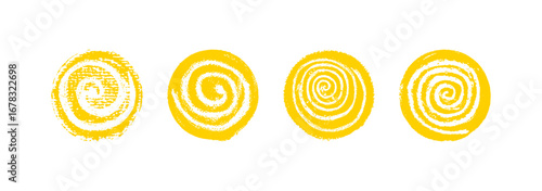 Set of yellow circles with spiral. Sun icons collection. Kid-style wax squiggle swirls show liquid splash motion, curvy spin movement, like on a school chalkboard. Vector illustration