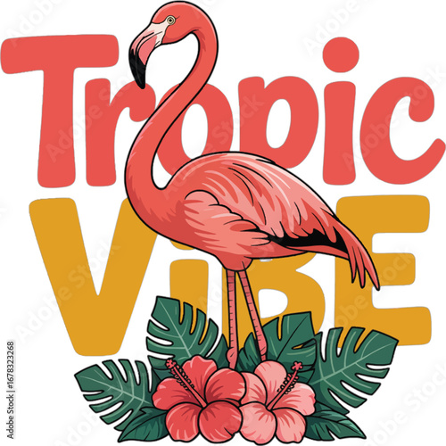 Pink Flamingo with Tropical Leaves and Flowers and Text bird animal