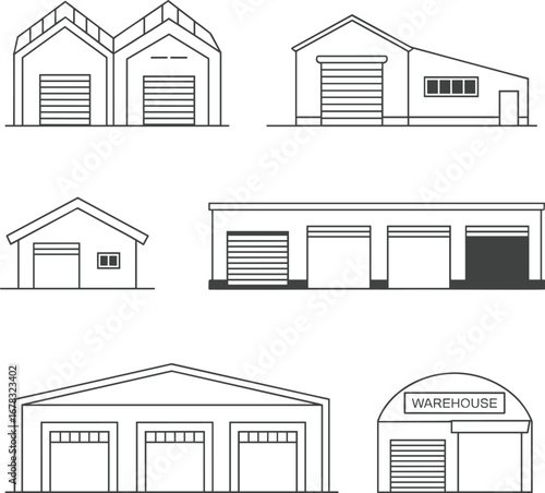 Warehouse buildings and storage icons set, industrial facilities, storage units, commercial warehouses, logistic centers, garage doors, modern warehouse design