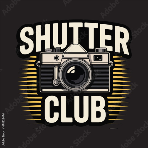 Retro camera emblem with text Shutter Club and yellow rays photography