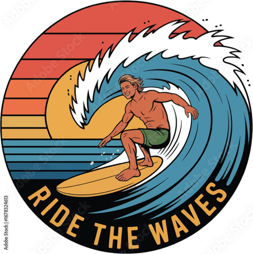 Man Riding a Surfboard on a Wave at Sunset