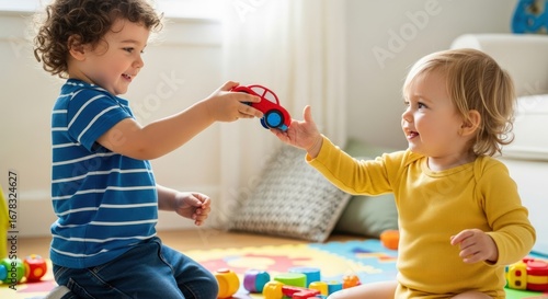 Happy Little Boys Playing with Toy Car Indoors