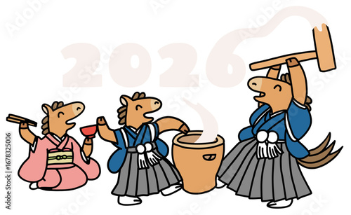 2026年餅つきをする馬年の年賀状