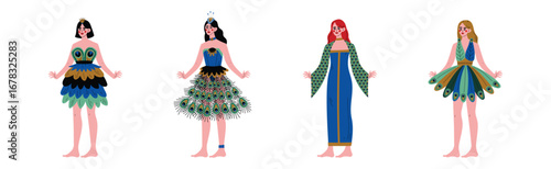 Beautiful Young Woman Wearing Peacock Dress Vector Set
